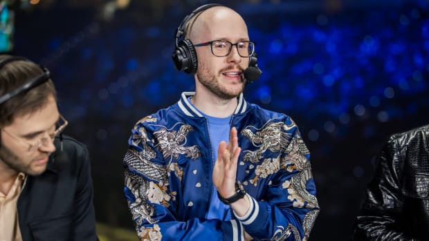 Esports caster Isaac "Azael" Cummings-Bentley speaks during the 2023 LCS Spring Finals at the PNC Arena on April 9, 2023. (Photo by Marv Watson/Riot Games)